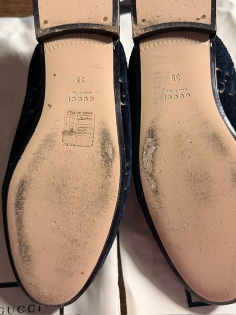 Gucci Navy Velvet GG Logo Backless Loafers with Gold Horsebit